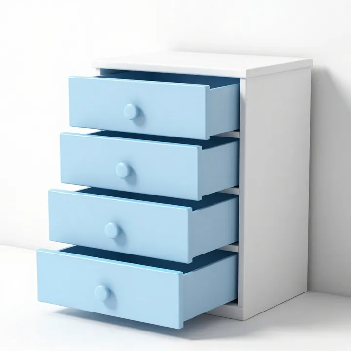 A white cabinet of pale blue drawers, a few pulled open