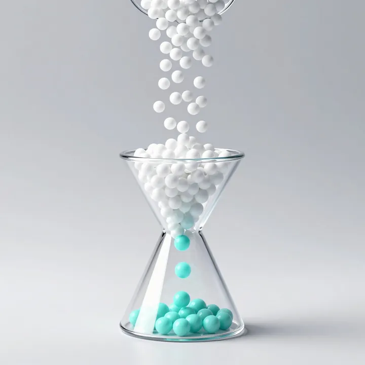 A glass funnel lets only a few turquoise beads through