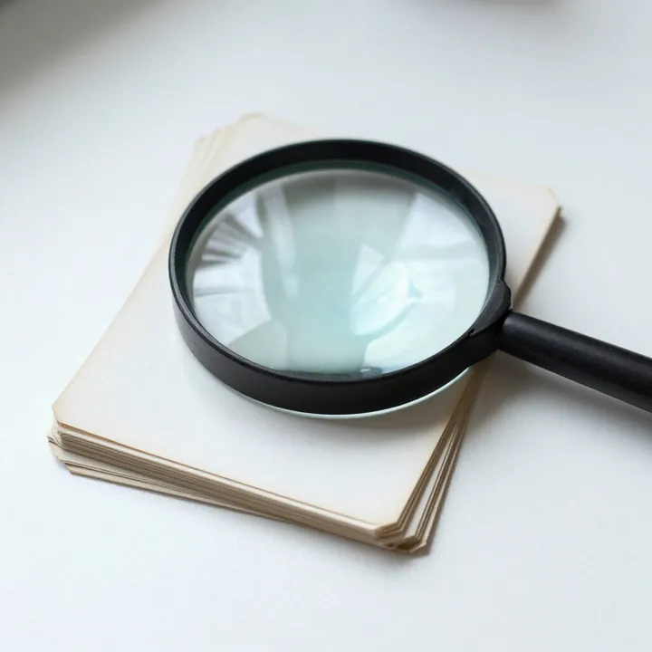 A magnifying glass rests on a stack of old record cards