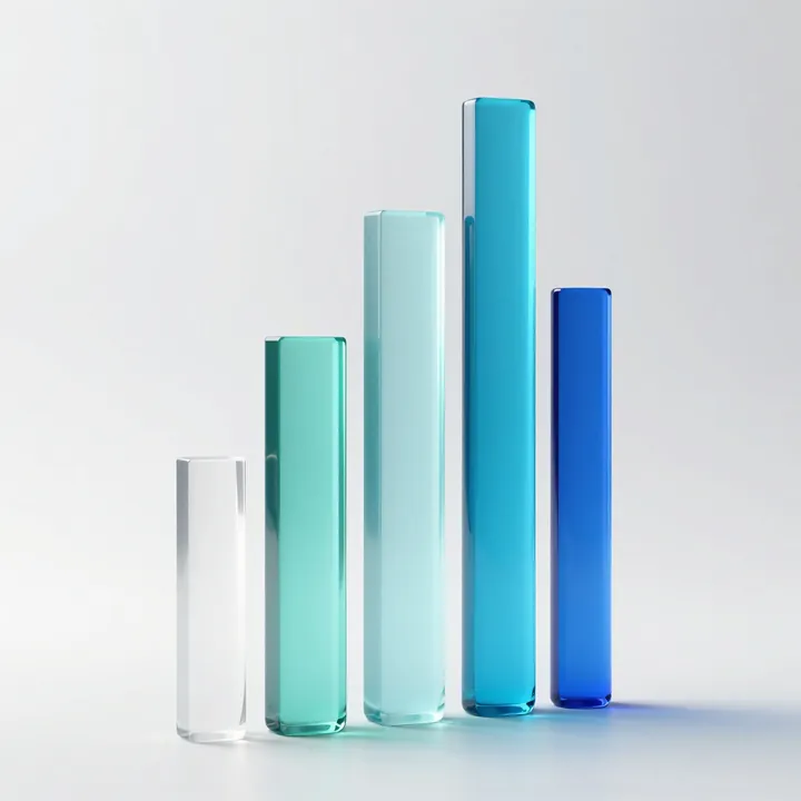 Glass columns of different heights, the tallest one glowing