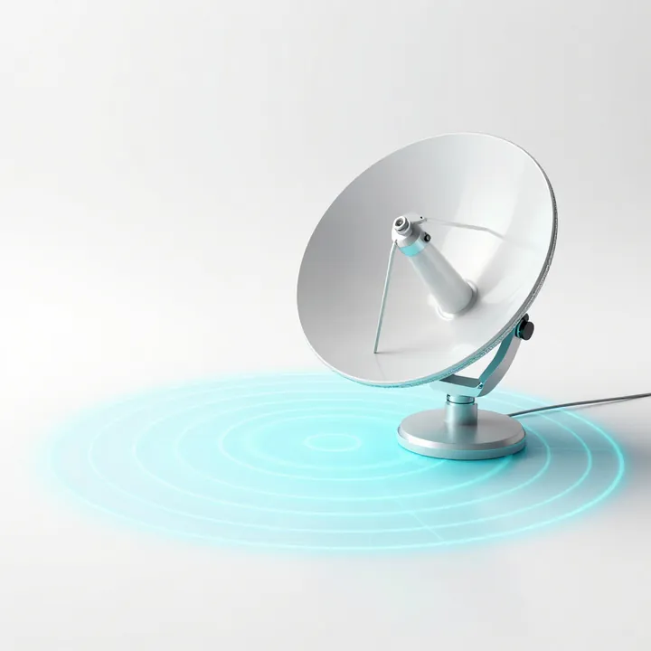 A glass radar dish sends soft rings of light across a grid