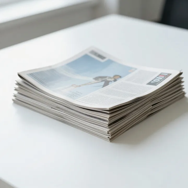 A stack of magazines and newspapers on a white desk