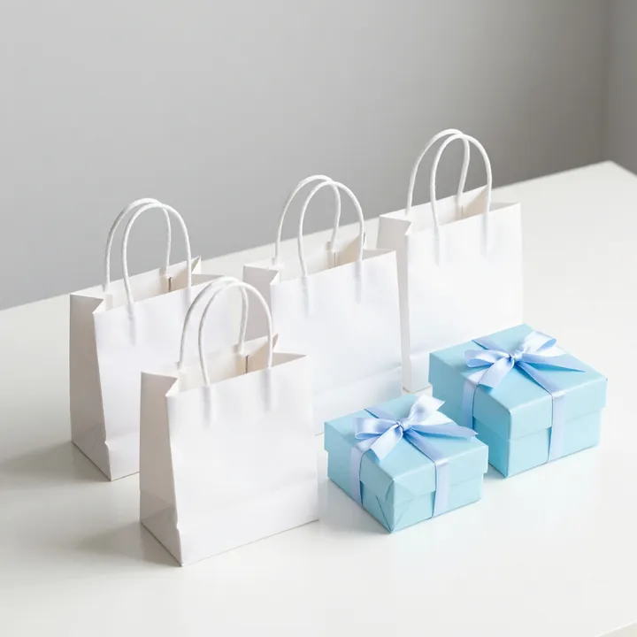 Shopping bags and gift boxes on a white surface