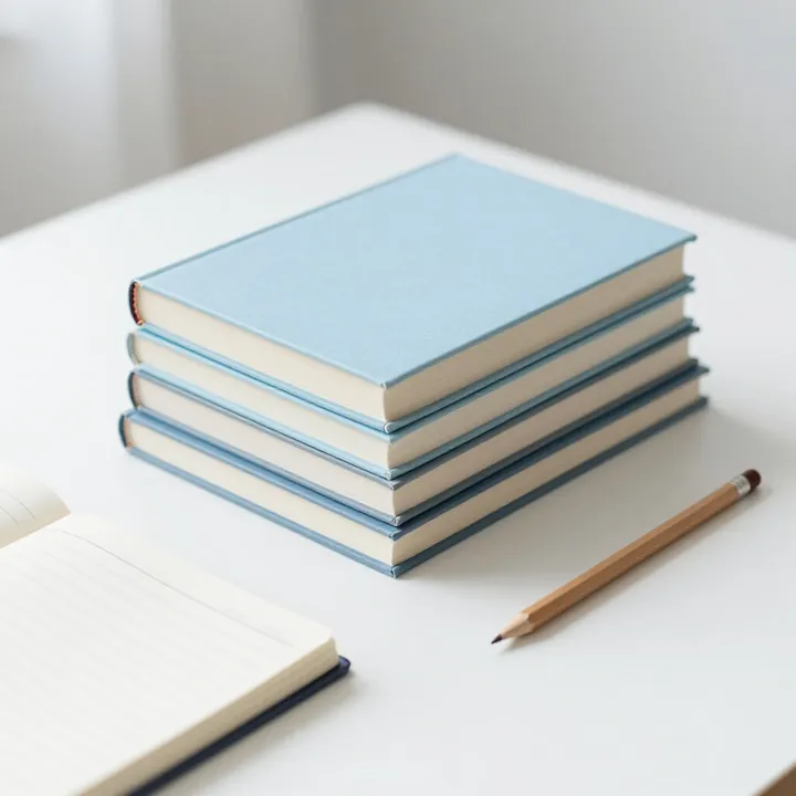 A stack of books, a pencil and an open notebook