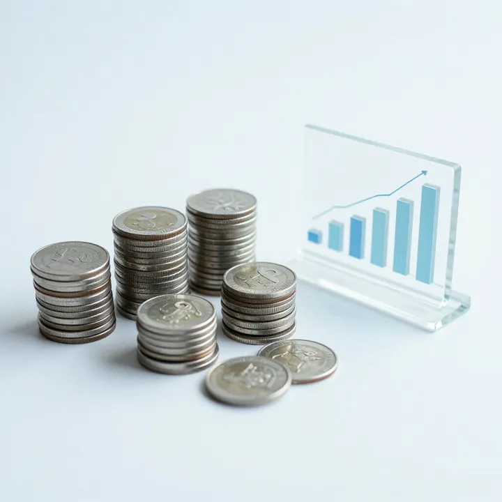 Stacks of coins beside a small glass bar chart