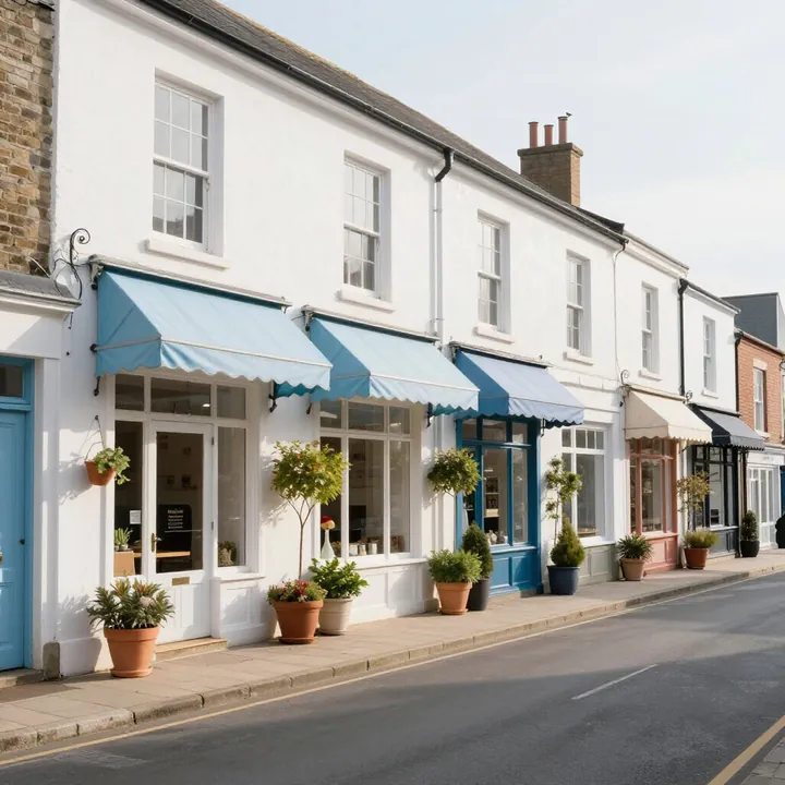A street of small shopfronts with blue awnings