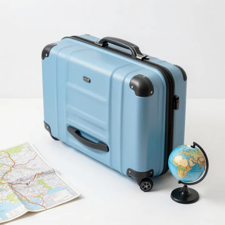 A suitcase, a paper map and a small globe