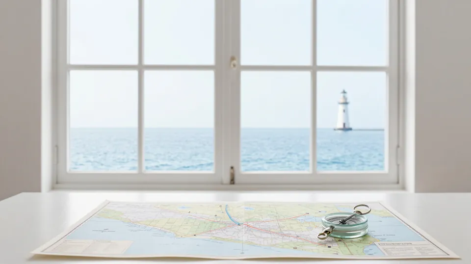 A bright chart room with a compass and a nautical chart, a lighthouse beyond the window